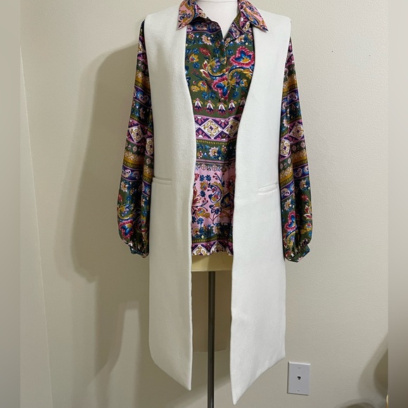 New GIBSON LATIMER Ivory Long Slitted Duster Vest Classic Minimalist Small - Picture 3 of 12